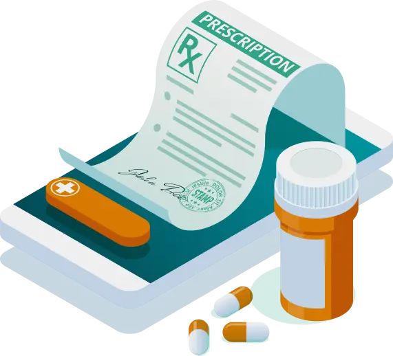 Illustration of digital prescription, pill bottle, and capsules on a phone.