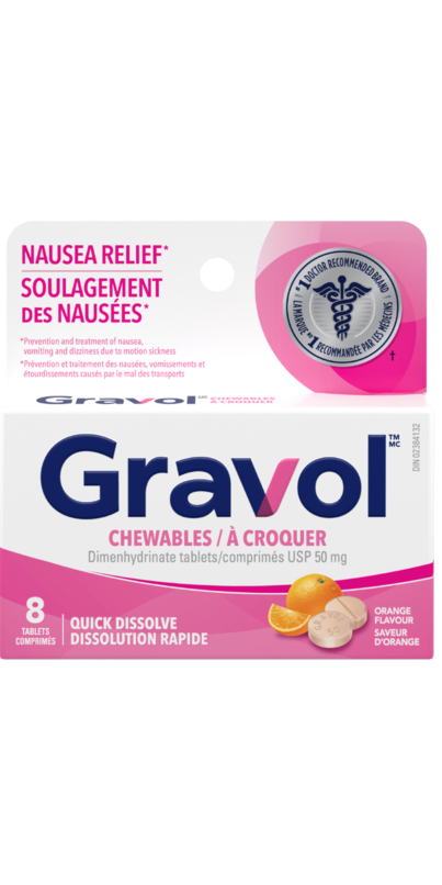Gravol 50mg orange flavor chewable tablets for quick dissolve nausea relief, 8 count