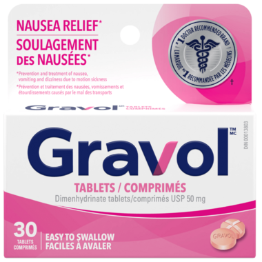 Gravol 50mg dimenhydrinate tablets for nausea and motion sickness relief, 30 count