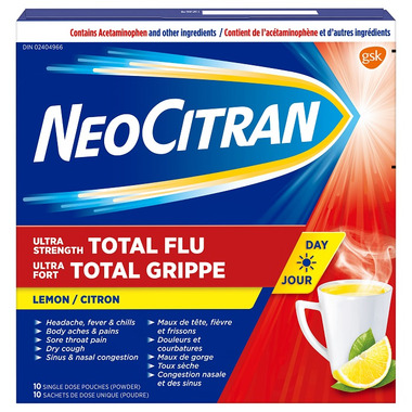 NeoCitran Ultra Strength Total Flu day time,  Lemon 10 pouches