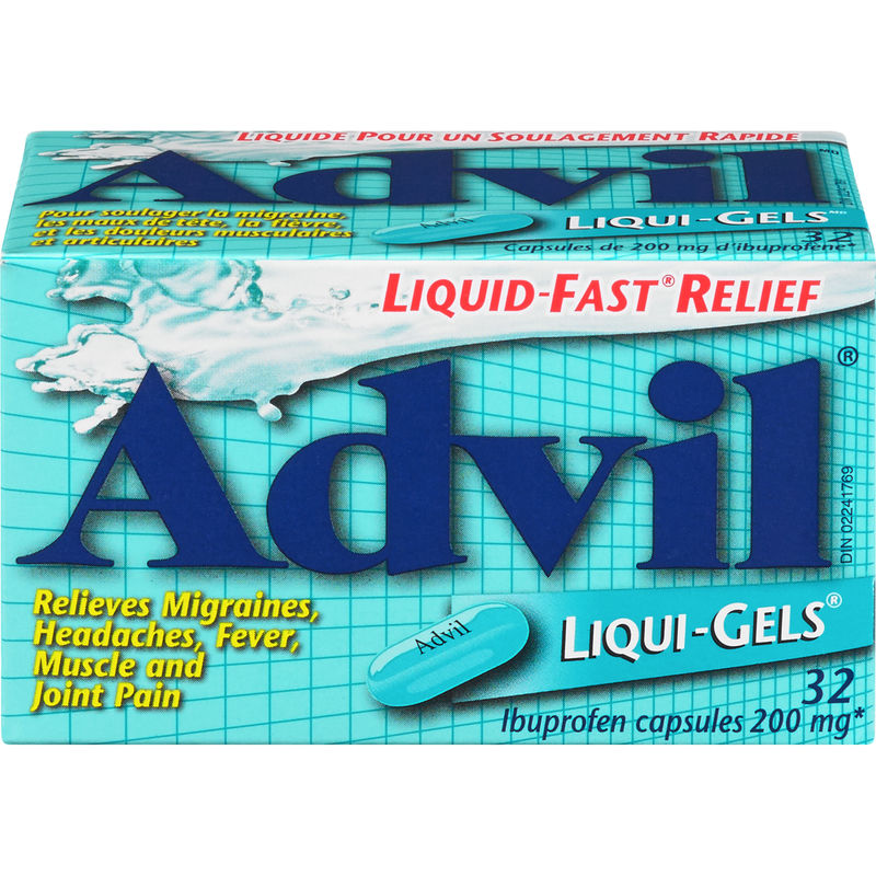 Advil 200 mg ibuprofen liqui-gels, relieves migraines, headaches, fever, muscle and joint pain