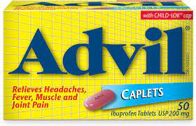 Advil 200 mg ibuprofen caplets, relieves headache, fever, muscle and joint pain