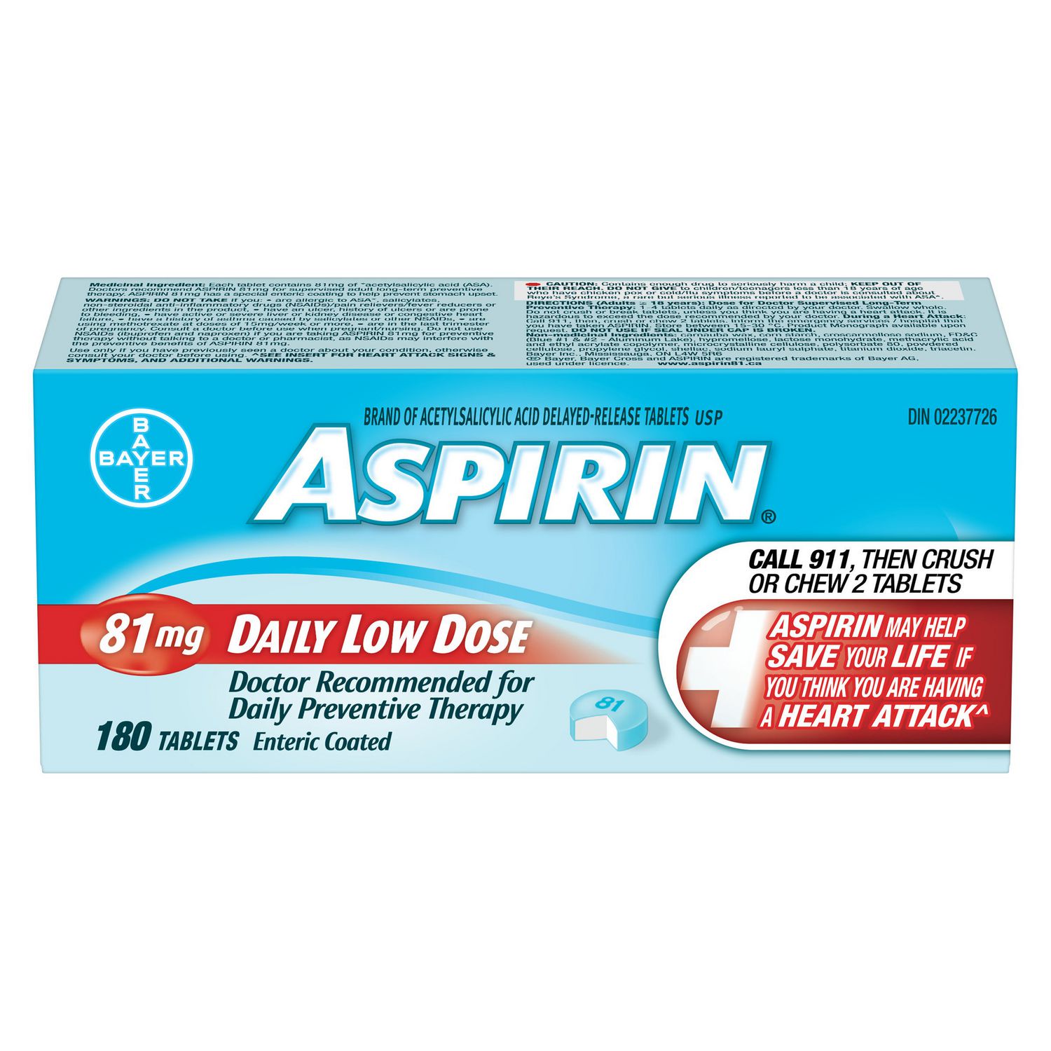 Bayer Aspirin 81 mg daily low dose, 180 tablets, heart attack prevention