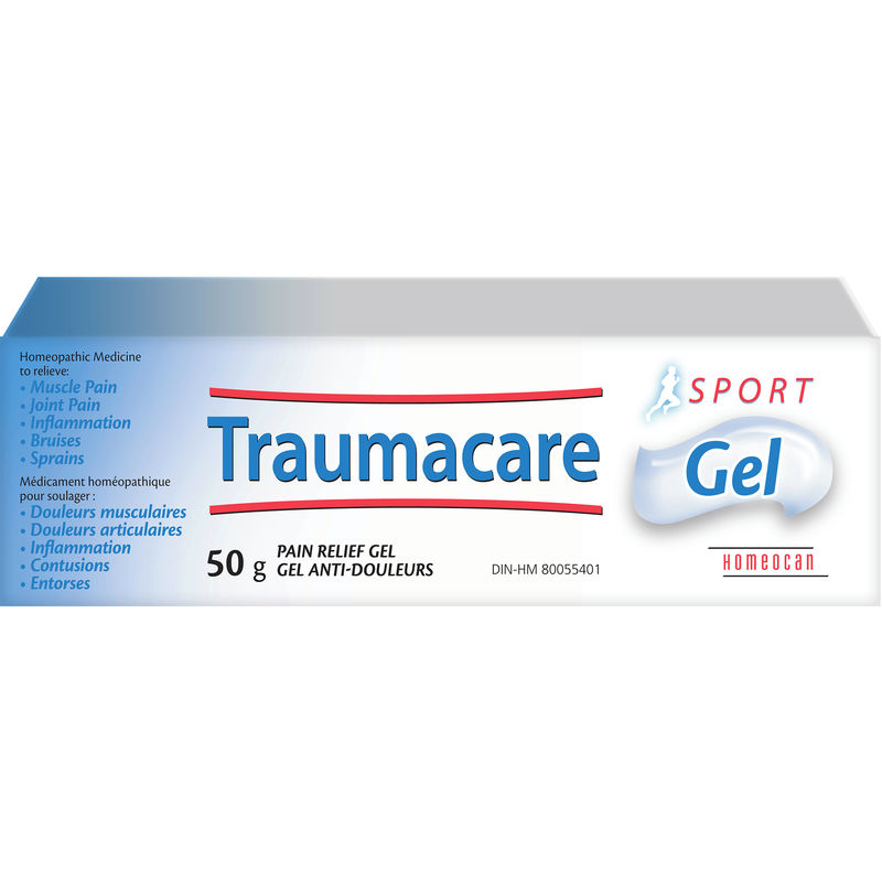 Traumacare Sport Gel 50 g, homeopathic pain relief gel by Homeocan, formulated to relieve muscle pain, joint pain, inflammation, bruises, sprains, contusions, and minor injuries.