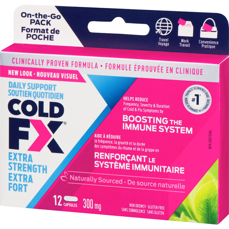 COLD-FX Extra Strength 12 capsules, clinically proven formula for daily immune system support, helps reduce frequency, severity, and duration of cold and flu symptoms, naturally sourced, gluten-free, and non-drowsy.