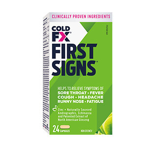 COLD-FX First Signs, 24 capsules with clinically proven ingredients to help relieve sore throat, fever, cough, headache, runny nose, and fatigue.