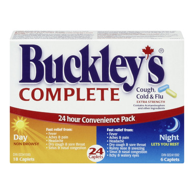 Buckley’s Complete 24-hour convenience pack with 18 non-drowsy day caplets and 6 night caplets for cough, cold, and flu symptom relief.