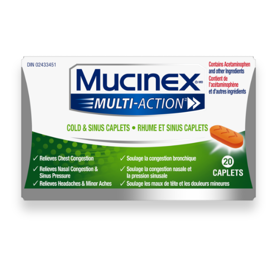 Mucinex multi-action cold and sinus caplets for chest and nasal congestion, headaches, 20 count