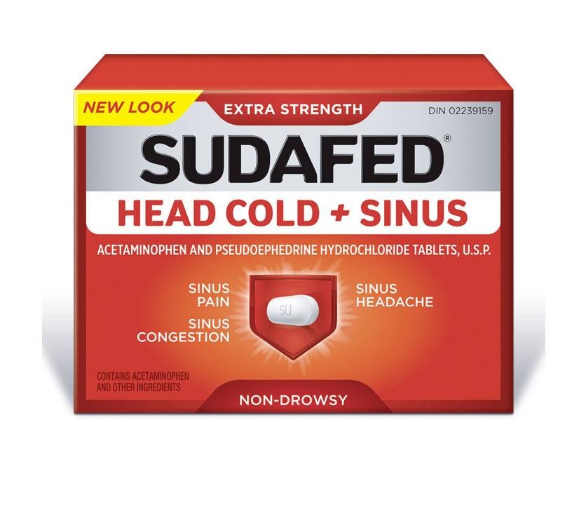 Sudafed head cold and sinus extra strength tablets for sinus pain, headache, congestion, non-drowsy