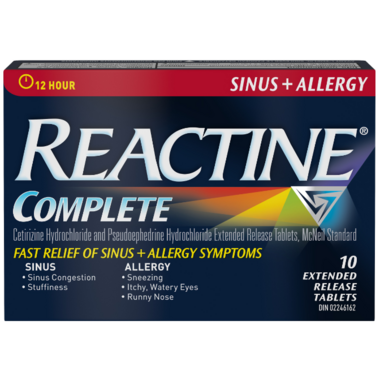 Reactine complete extended release tablets for sinus congestion and allergy relief, 10 tablets