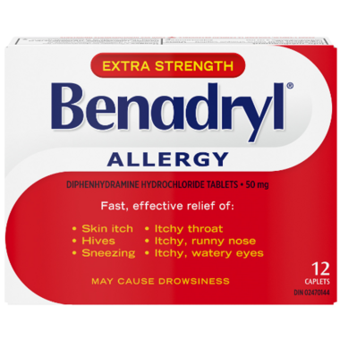 Benadryl allergy tablets 50 mg extra strength for skin itch, hives, runny nose, 12 caplets