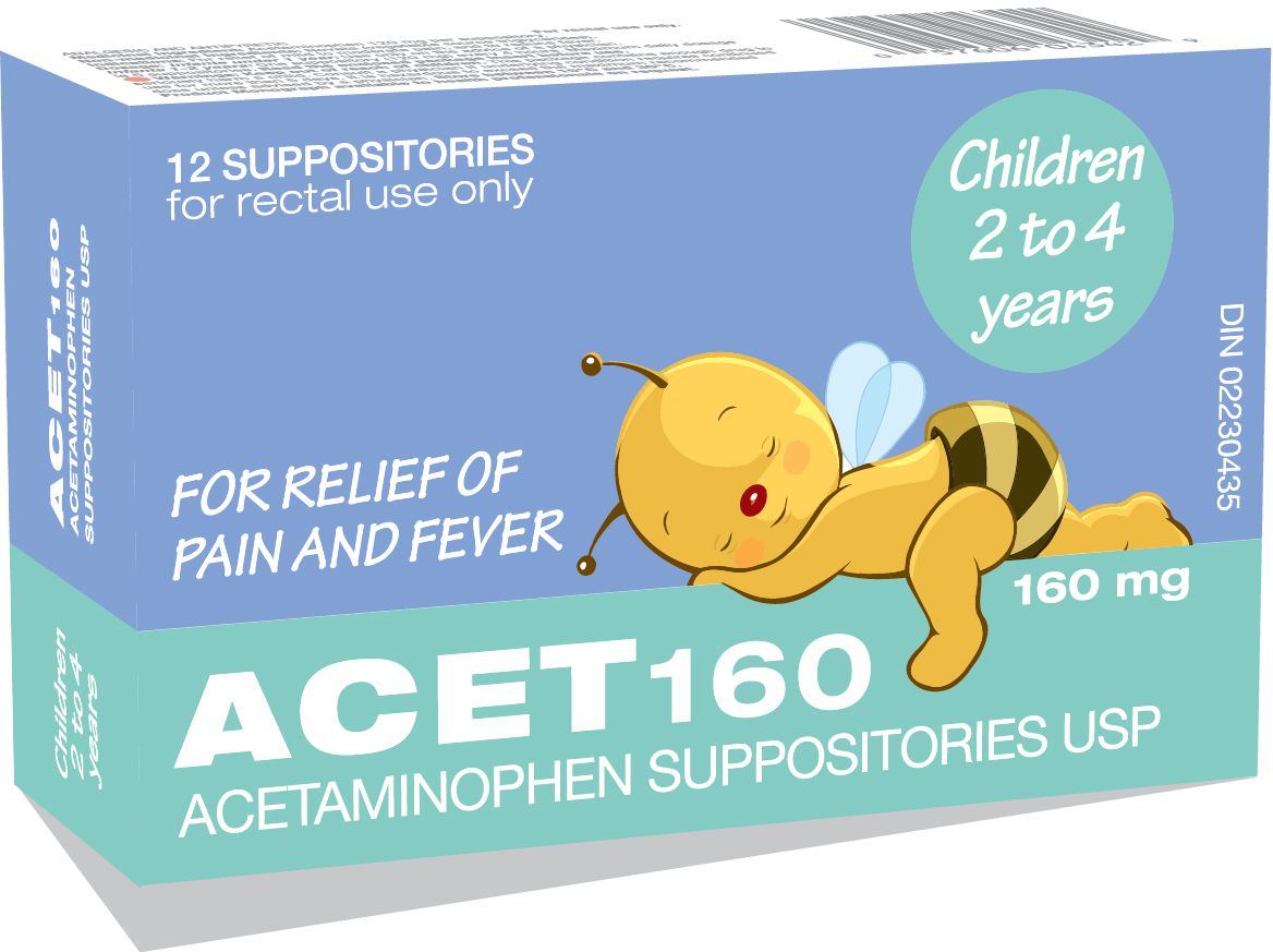 ACET 160 acetaminophen suppositories for children 2-4 years, pain and fever relief, 12 count