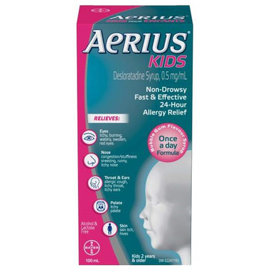 Aerius Kids desloratadine syrup bubble gum flavour, 24-hour allergy relief, 100 mL
