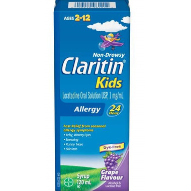 Claritin Kids non-drowsy allergy syrup grape flavour 120 mL, ages 2-12