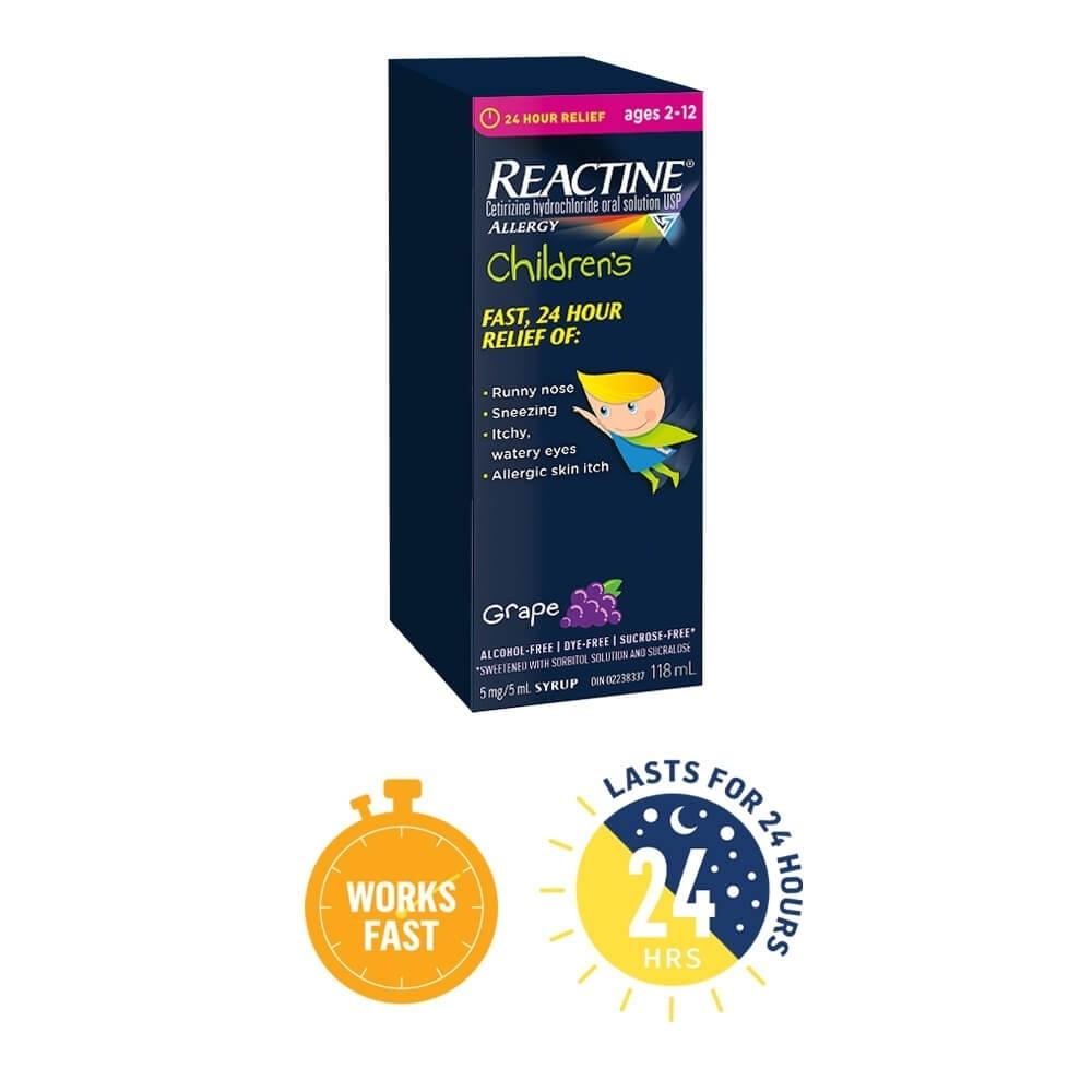 Reactine children’s allergy syrup grape flavour, 24-hour relief, ages 2-12, 118 mL