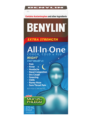 Benylin all-in-one night syrup for cough, cold, flu, mucus and phlegm relief, 270 mL