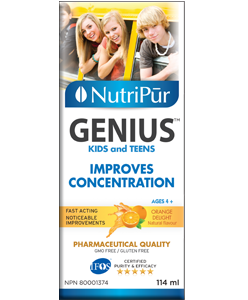 NutriPur Genius improves concentration for kids and teens, orange flavour, 114 mL