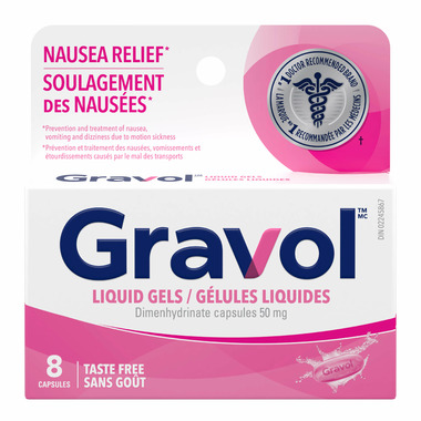 Gravol liquid gels, 50 mg dimenhydrinate, 8 capsules, taste-free, for nausea and motion sickness