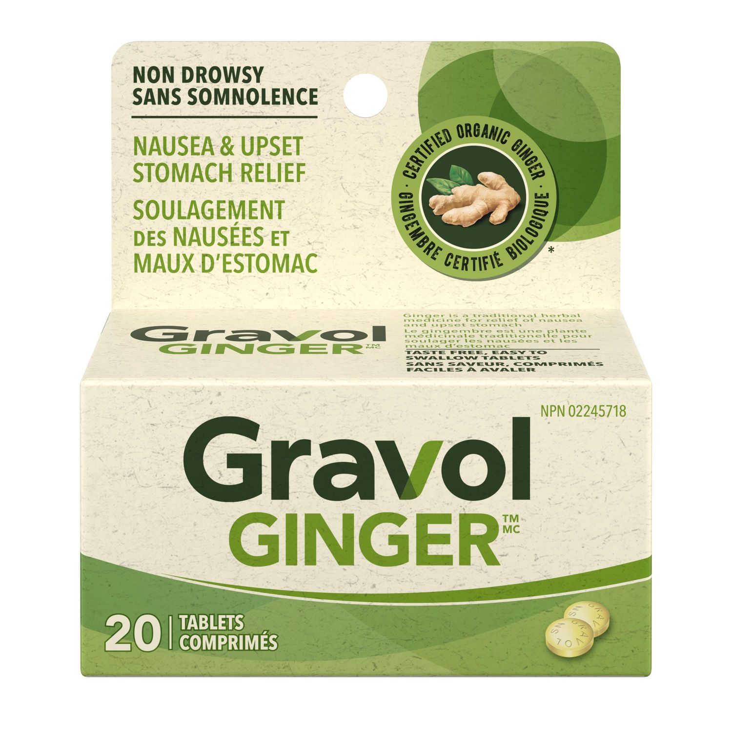 Gravol Ginger tablets, 20 count, certified organic ginger, non-drowsy nausea and upset stomach relief