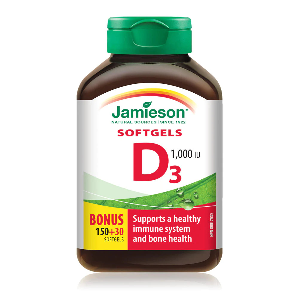 Jamieson Vitamin D3 1000 IU, 180 softgels (150 + 30 bonus), supports immune system and bone health