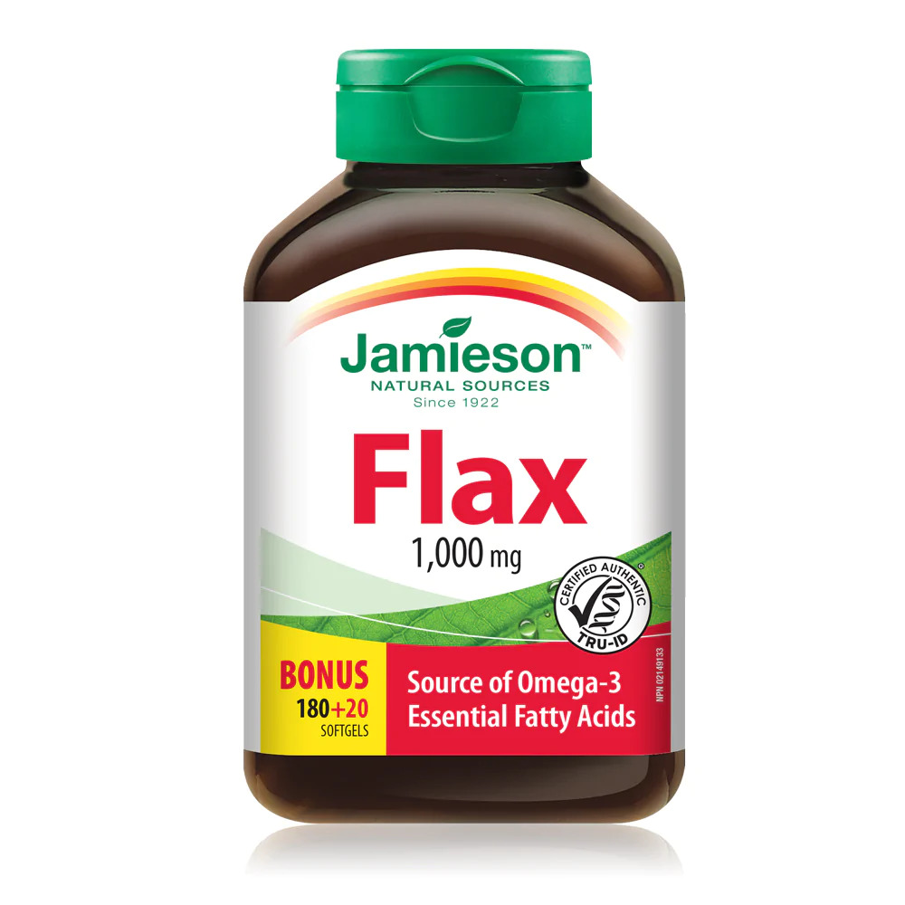 Jamieson Flax 1000 mg, 200 softgels, source of omega-3 essential fatty acids