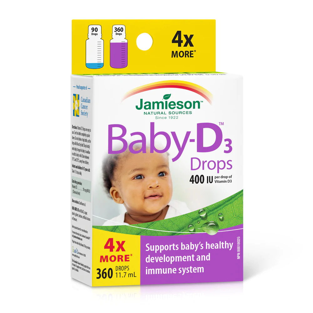 Jamieson Baby-D3 drops, 400 IU per drop, 360 drops (11.7 mL), supports baby’s development and immunity