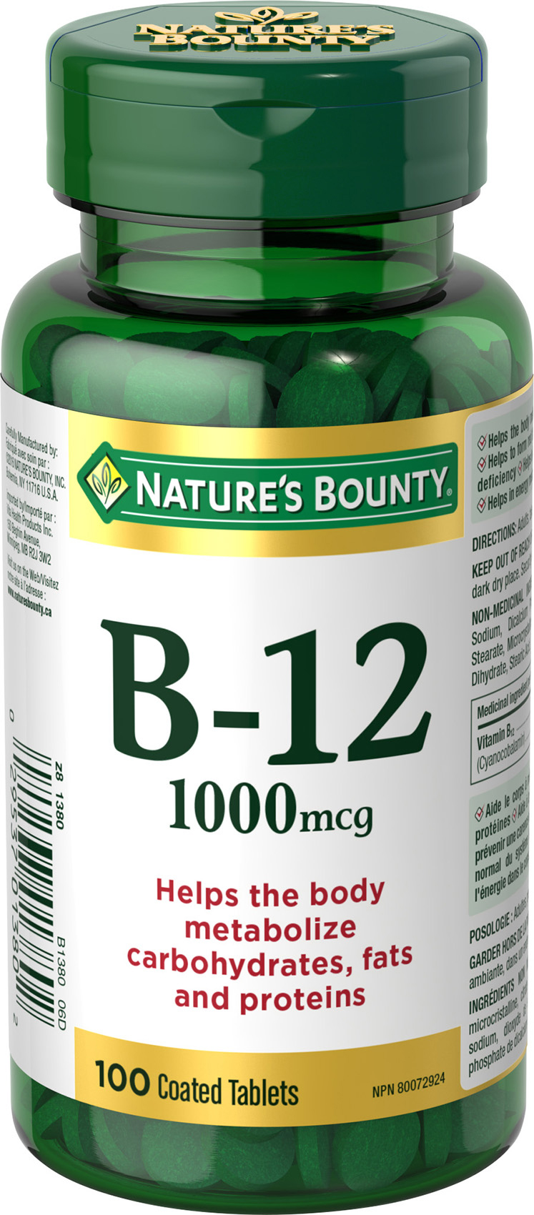 Nature's Bounty Vitamin B-12 1000 mcg, 100 coated tablets, supports metabolism of carbs, fats, proteins