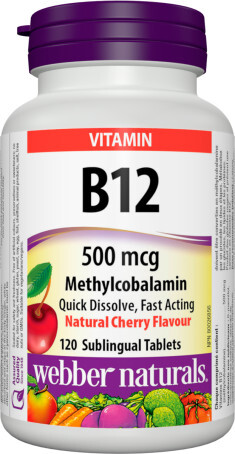 Webber Naturals Vitamin B12 Methylcobalamin 500 mcg, 120 sublingual tablets, natural cherry flavour