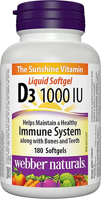Webber Naturals Vitamin D3 1000 IU, 180 liquid softgels, supports immune system, bones, and teeth