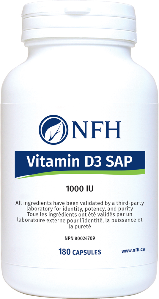 NFH Vitamin D3 SAP 1000 IU, 180 capsules, third-party validated ingredients