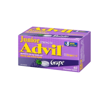 Chewable grape tablets for ages 2–12, relieves fever and pain, 40 count