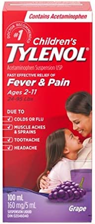 Children’s Tylenol grape 100 mL acetaminophen suspension for ages 2-11