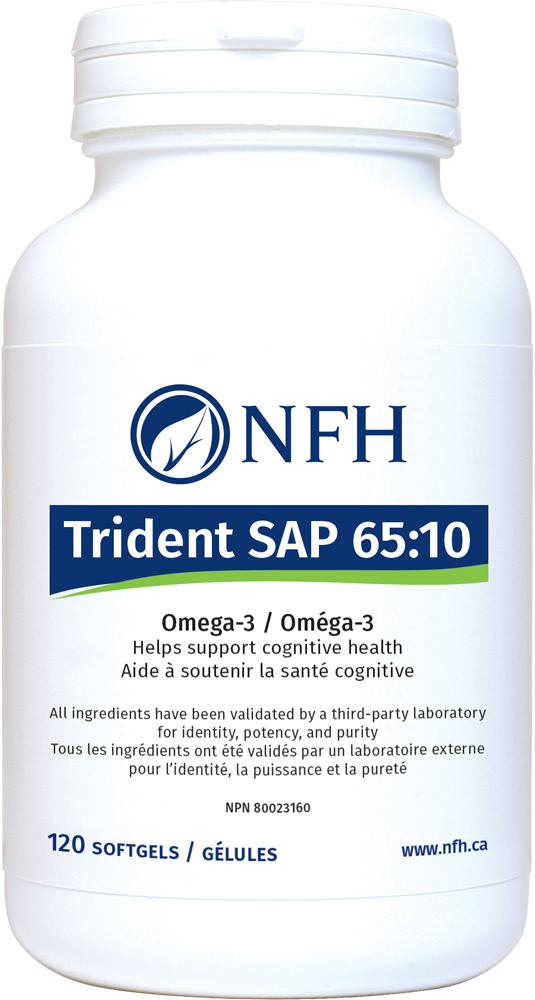 NFH Trident SAP 65:10 omega-3 120 softgels supports cognitive health bottle