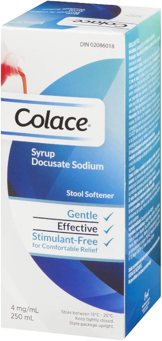 Colace syrup docusate sodium 250 mL stool softener gentle effective stimulant-free