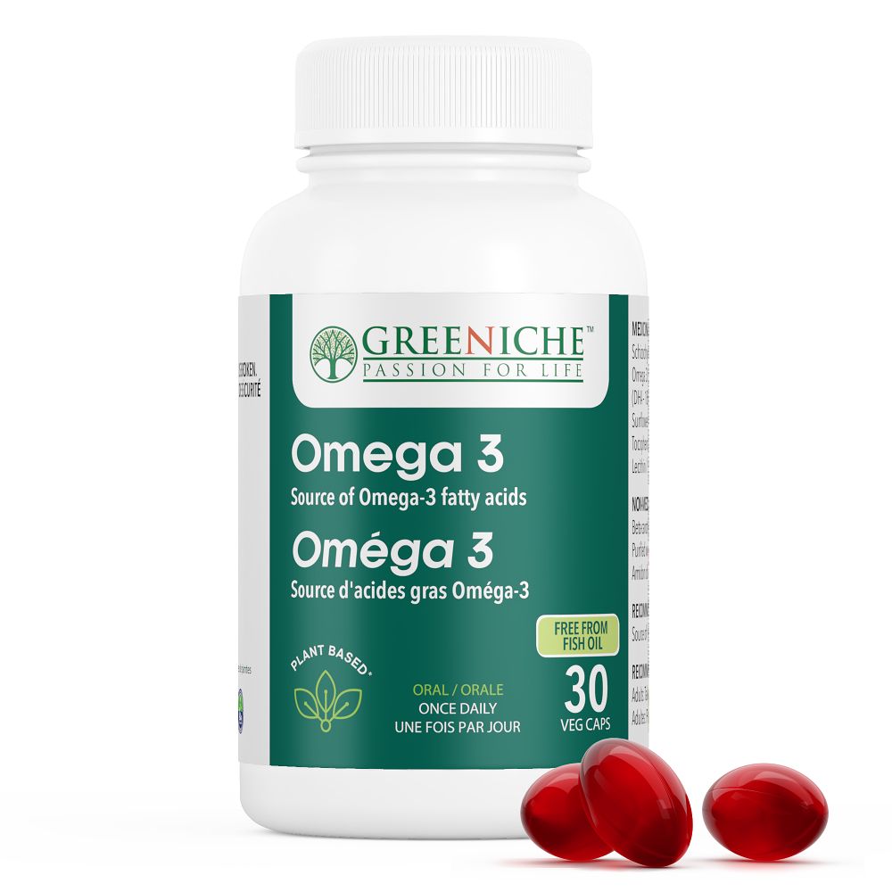 Greeniche Omega 3 bottle 30 veg caps free from fish oil