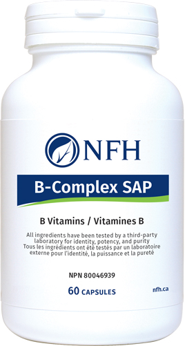 NFH B-Complex SAP dietary supplement, 60 capsules bottle, providing B vitamins for energy and overall health support.