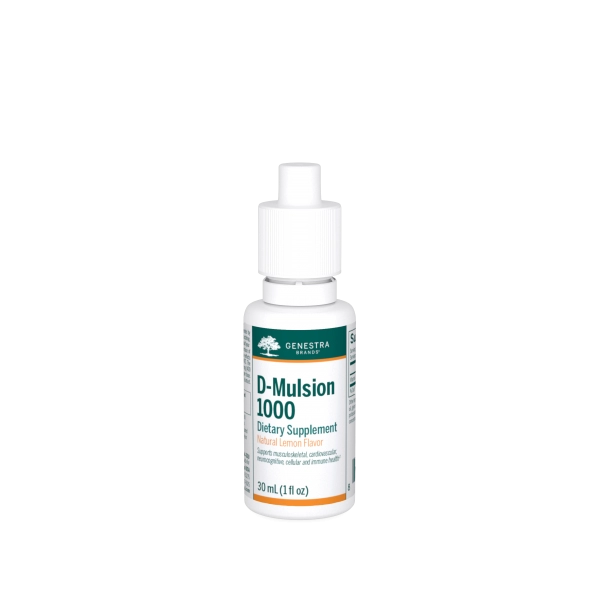 Genestra D-Mulsion 1000, natural lemon flavor dietary supplement, 30 mL (1 fl oz) dropper bottle for musculoskeletal, cardiovascular, and immune health