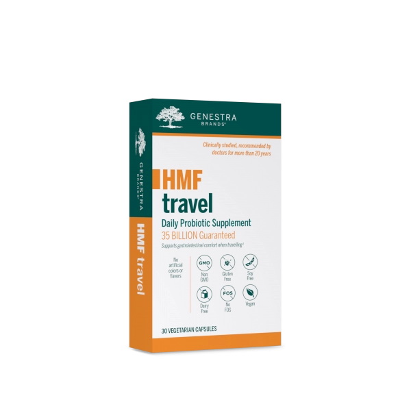 Genestra HMF Travel, daily probiotic supplement, 35 billion guaranteed, 30 vegetarian capsules, non-GMO, gluten-free, soy-free, dairy-free, vegan