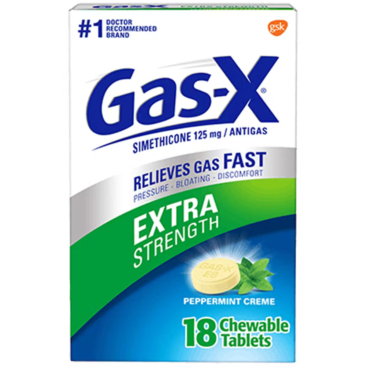 Gas-X Extra Strength, 125 mg simethicone, 18 chewable tablets, peppermint creme flavor, relieves gas, pressure, bloating, and discomfort