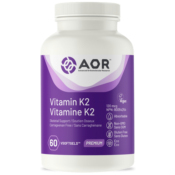 AOR Vitamin K2, 60 vsoftgels, 120 mcg for skeletal support, vegan, non-GMO, gluten-free