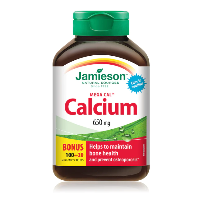 Jamieson Mega Cal calcium 650mg, 120 mini-tab caplets for bone health and osteoporosis prevention