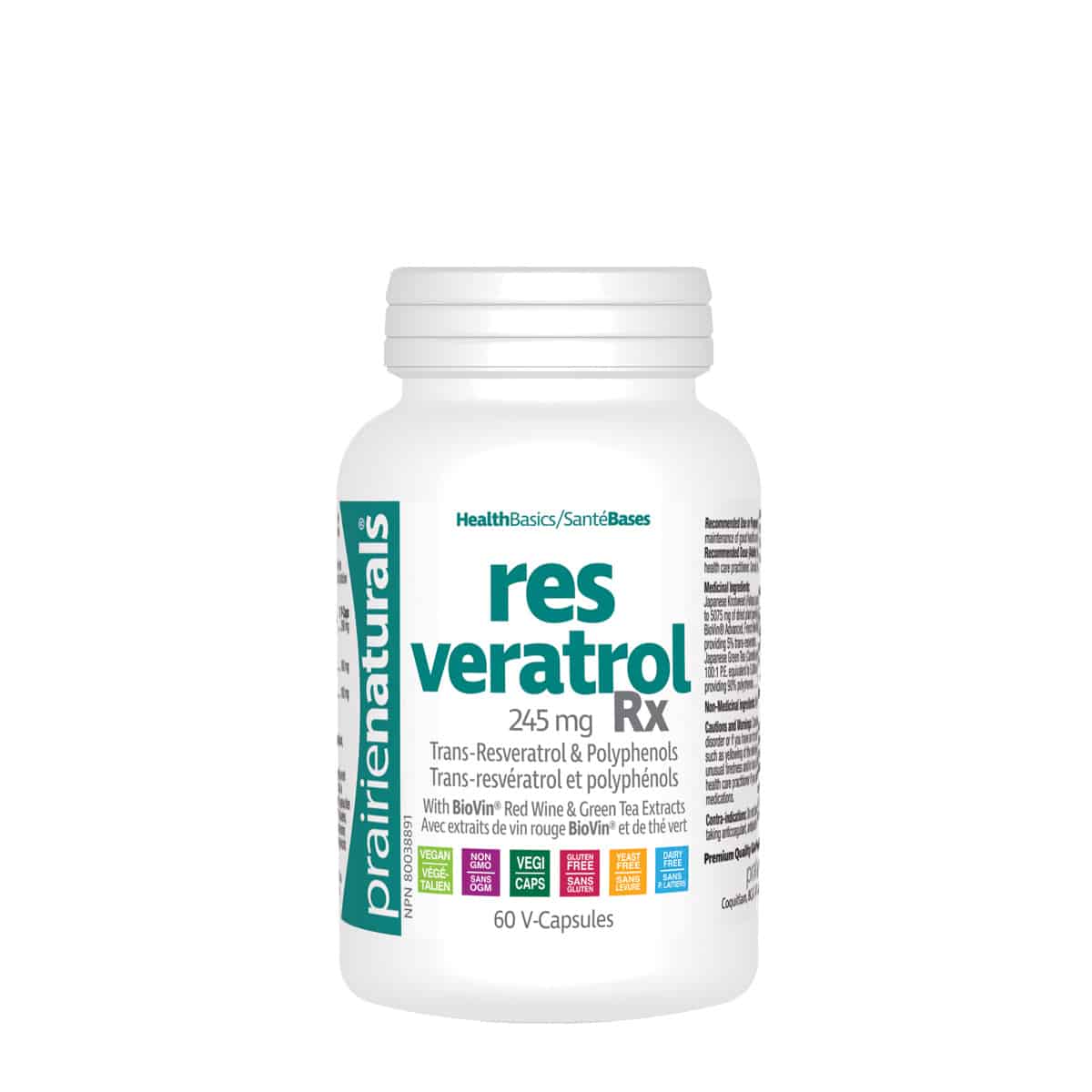 Prairie Naturals Resveratrol Rx, 245 mg with trans-resveratrol and polyphenols, 60 V-capsules bottle, with BioVin red wine and green tea extracts.