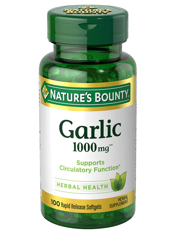 Nature’s Bounty garlic supplement 1000mg, 100 rapid release softgels for circulatory health