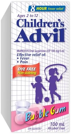 Children’s Advil 100ml bubble gum flavour for ages 2-12, fever and pain relief