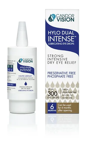 Hylo Dual Intense 10ml lubricating eye drops for strong dry eye relief, preservative free