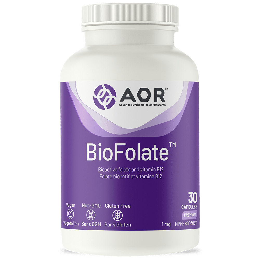 AOR BioFolate 30 capsules with bioactive folate and vitamin B12 supplement