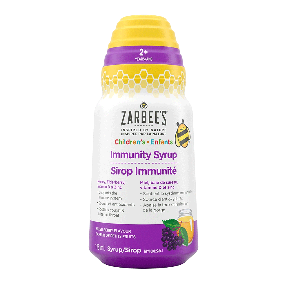 Zarbee’s children’s immunity syrup 118ml mixed berry flavour with honey, elderberry, vitamin D & zinc