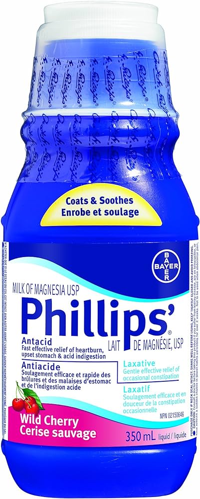 Phillips’ Milk of Magnesia 350ml wild cherry antacid and laxative bottle
