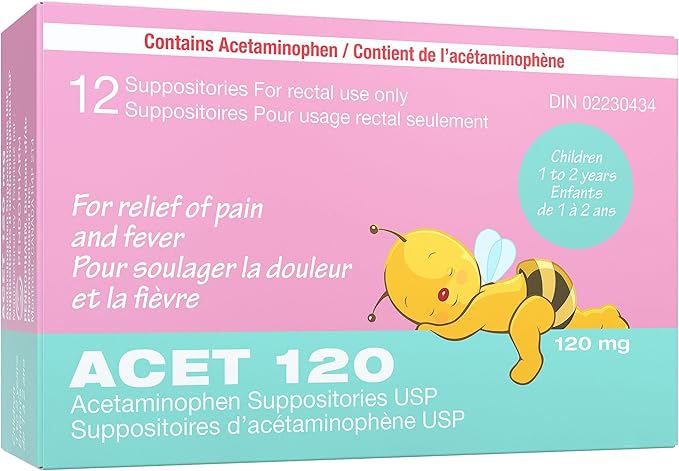 ACET 120 suppositories for pain and fever relief, 120mg, 12 pack