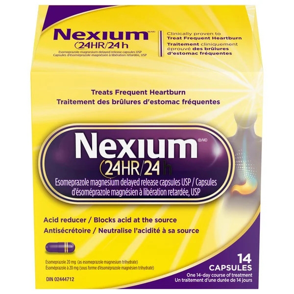 Nexium 24HR acid reducer, 14 delayed release capsules with esomeprazole magnesium for heartburn relief